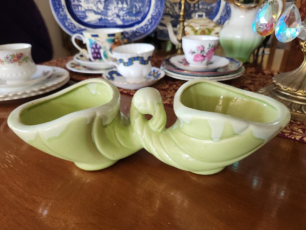 Retro Vintage Green Glazed Double Cornucopia Ceramic Planter