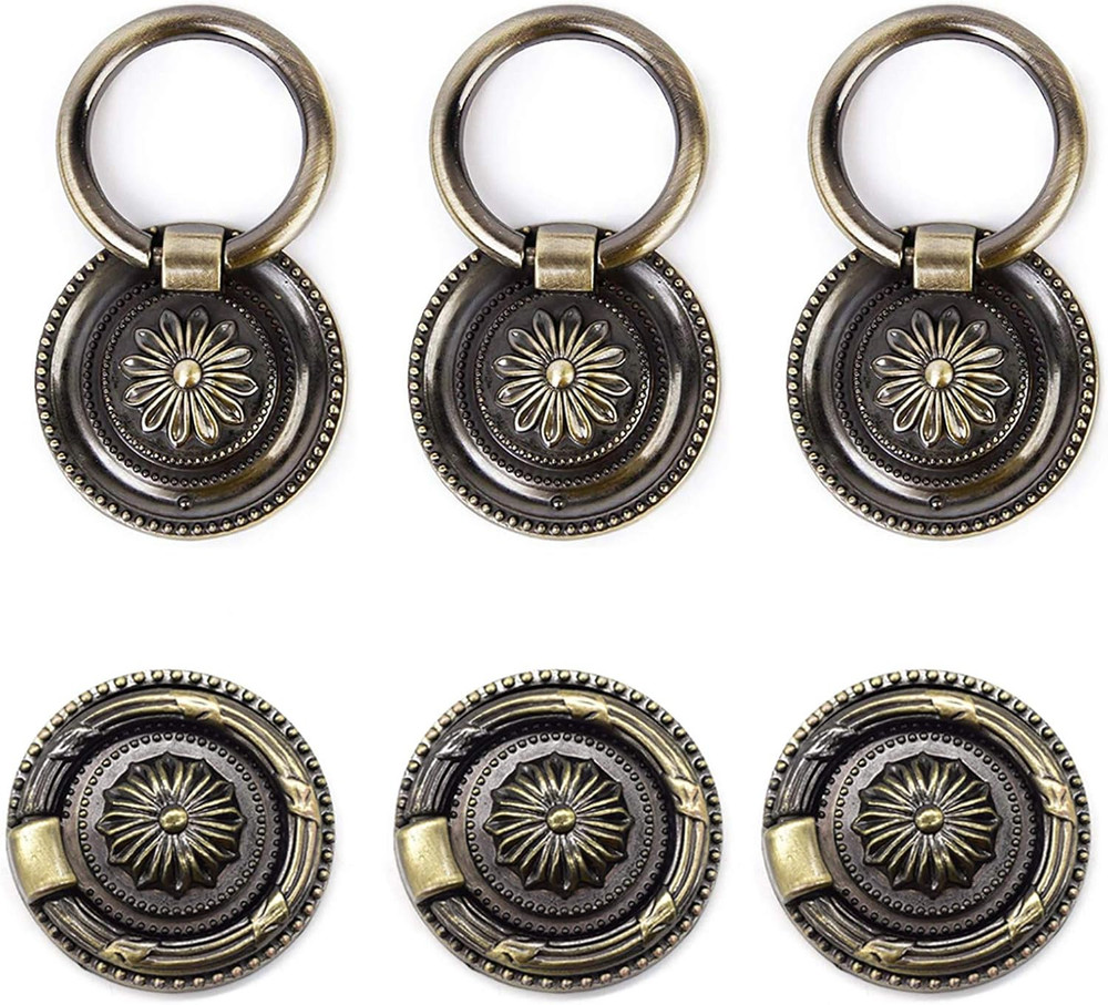 6 Pack Antique Bronze Drawer Pulls 1.77" Round Ring Handles Cabinet Knobs