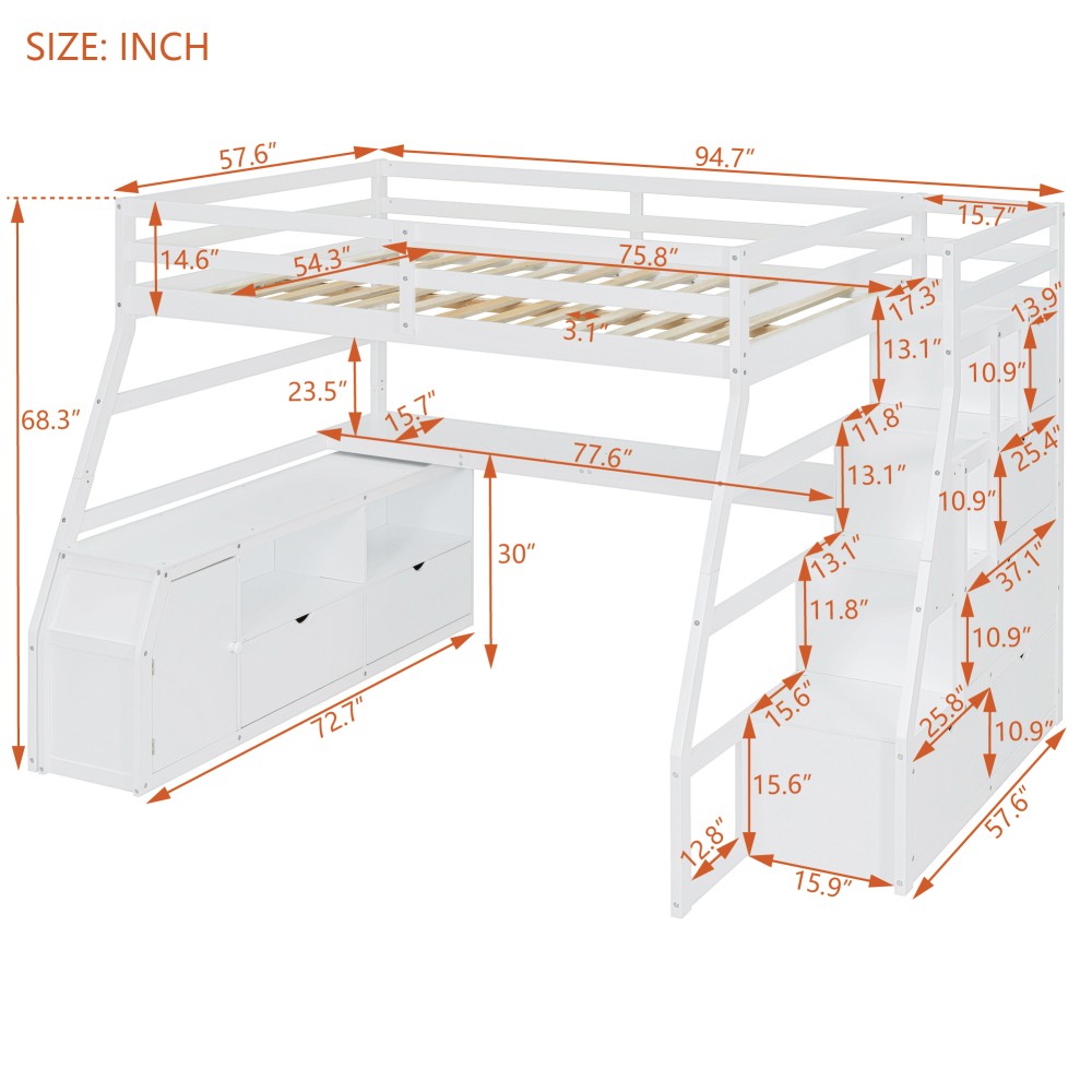 Full Loft Bed w/ Desk & Storage - White - Sturdy Pine Frame