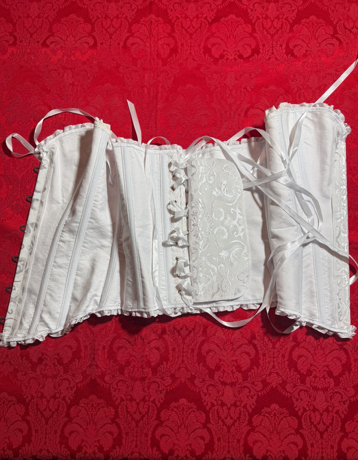 Sexy Satin White Lace Up Bustier Overbust Boned Corset Lingerie Women's Size M