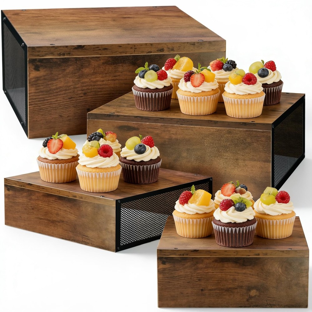Cupcake Stand Large Buffet Risers, 4 Pack Rustic Stackable Desert Table Displ...