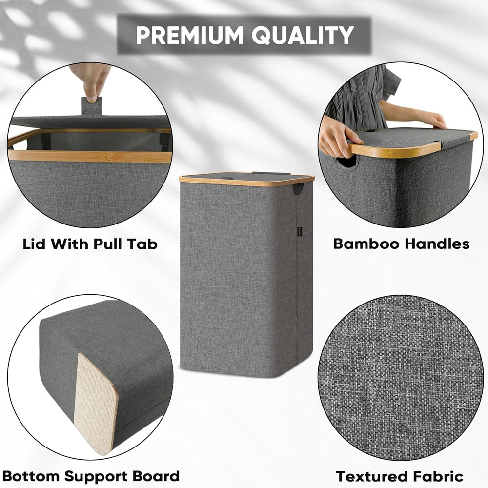 Laundry Hamper with Lid, Tall Laundry Baskets with Bamboo Pull Handles, Large...