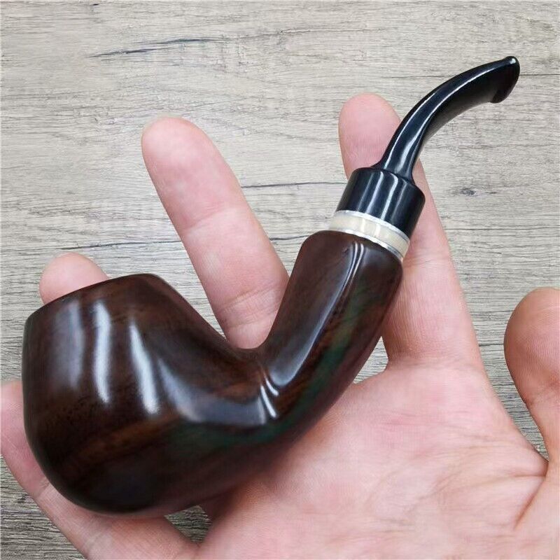 1 PCS Handcrafted Ebony Bent Pipe – Ring Hammered, 9mm Smooth Filter Flue