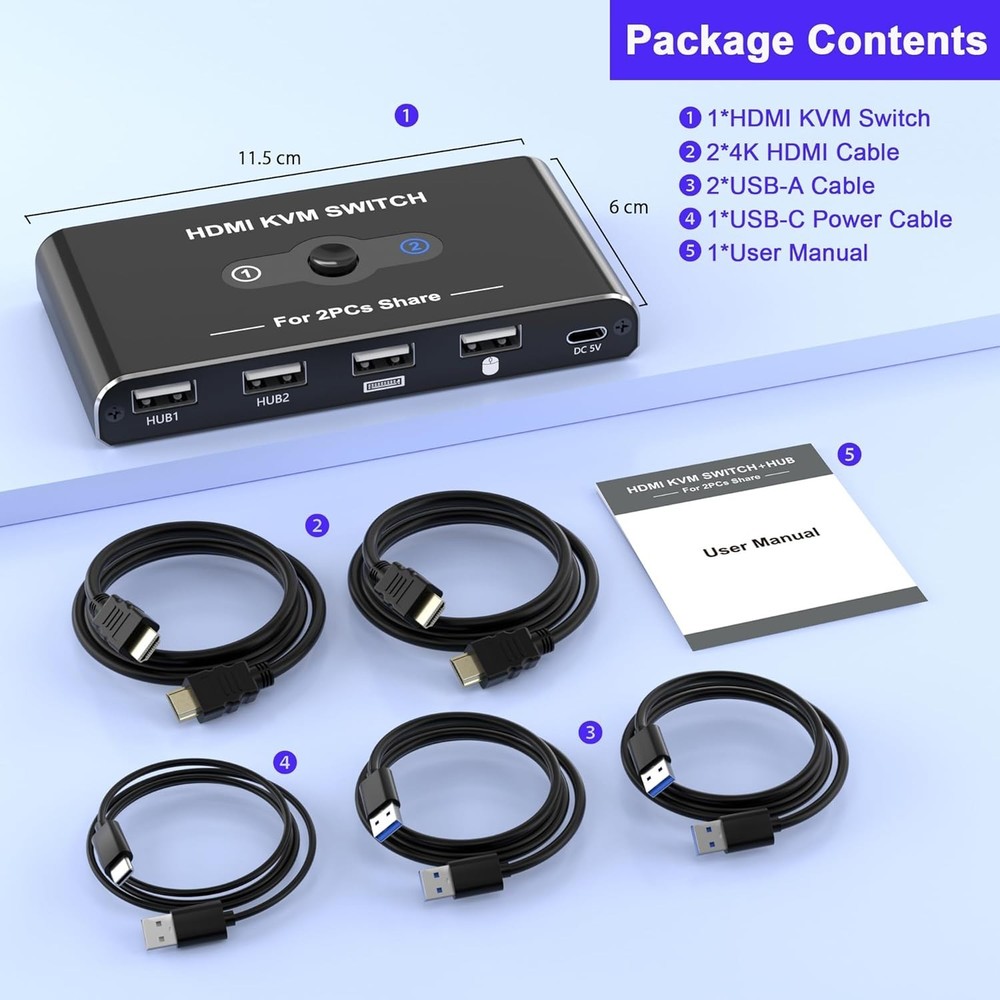 One-Button HDMI KVM Switcher for 2 Computers - Impactful 4K Video Quality