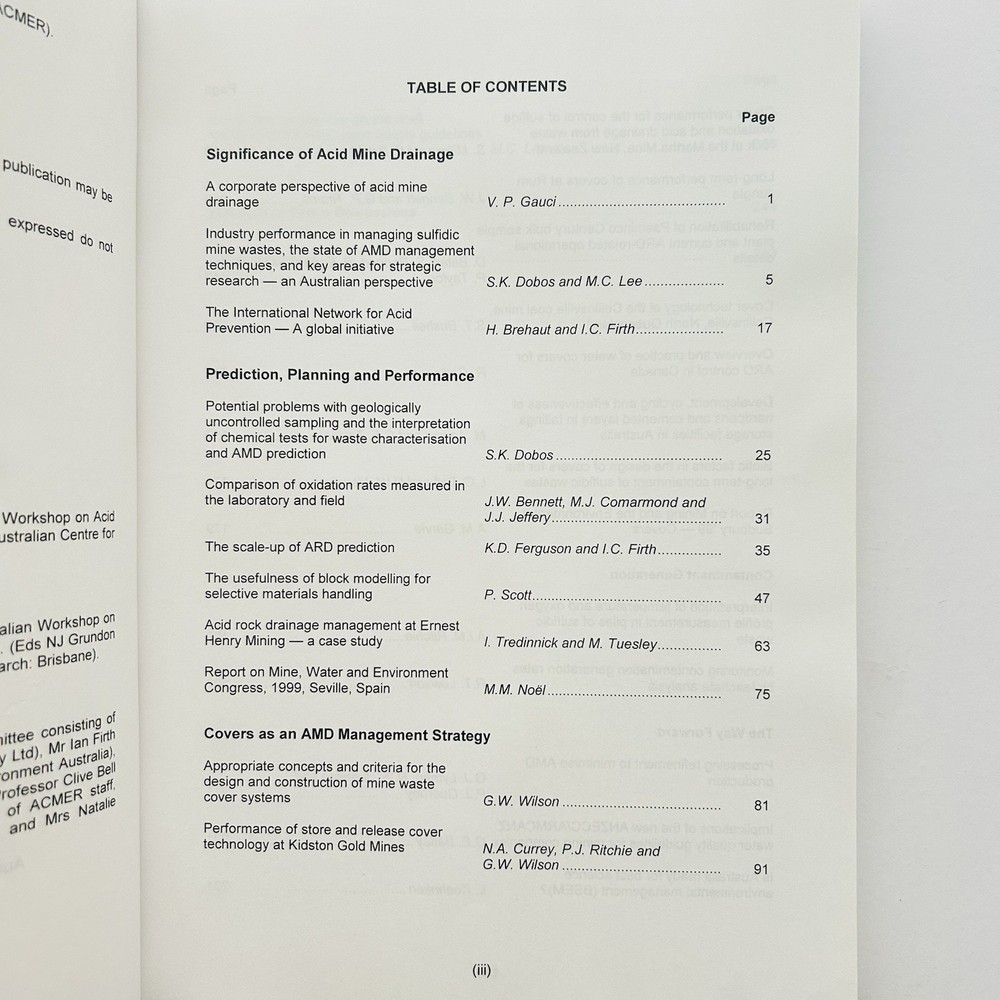 YEAR 2000 ACID MINE DRAINAGE 4th AUSTRALIAN WORKSHOP BOOK.