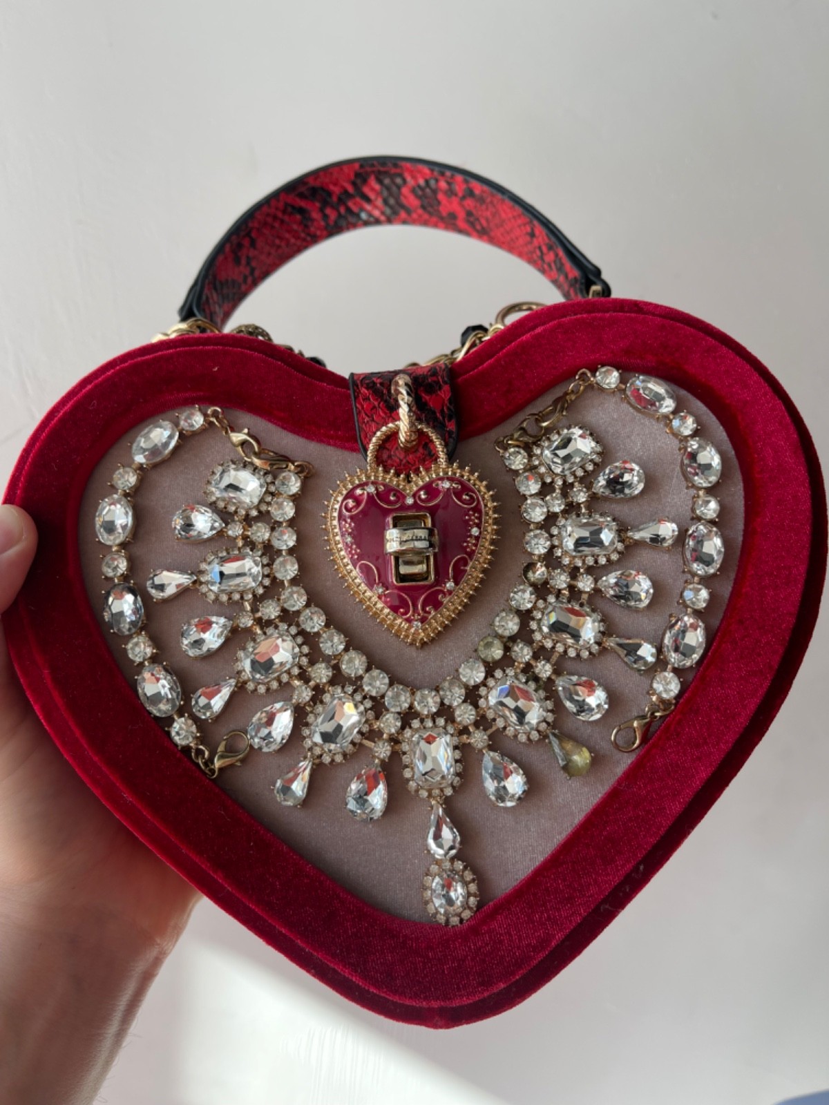 Vintage Heart Shaped Red Velvet Handbag Rhinestone Crystals Gold Chain Y2K Goth