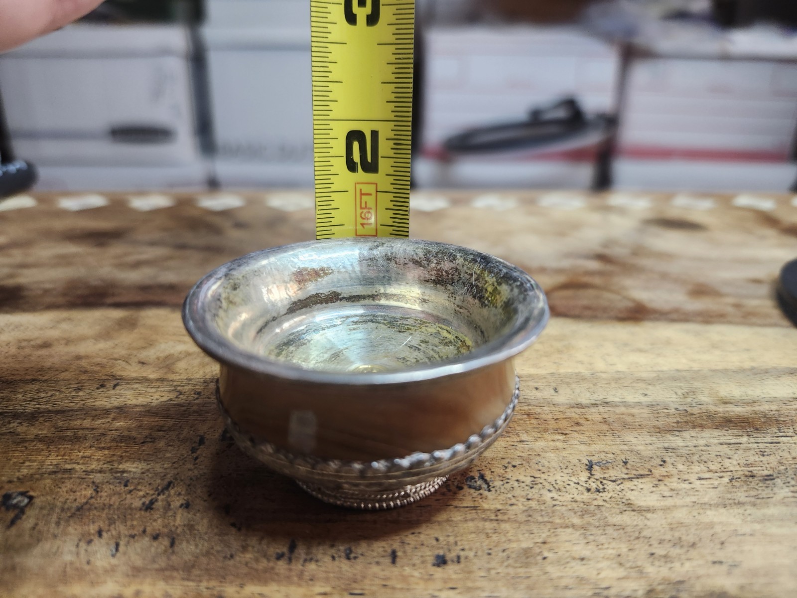 Tibetan Jha Phor Silver & Carved Stone Ritual Tea Bowl 2” Nepal 57.94 Grams