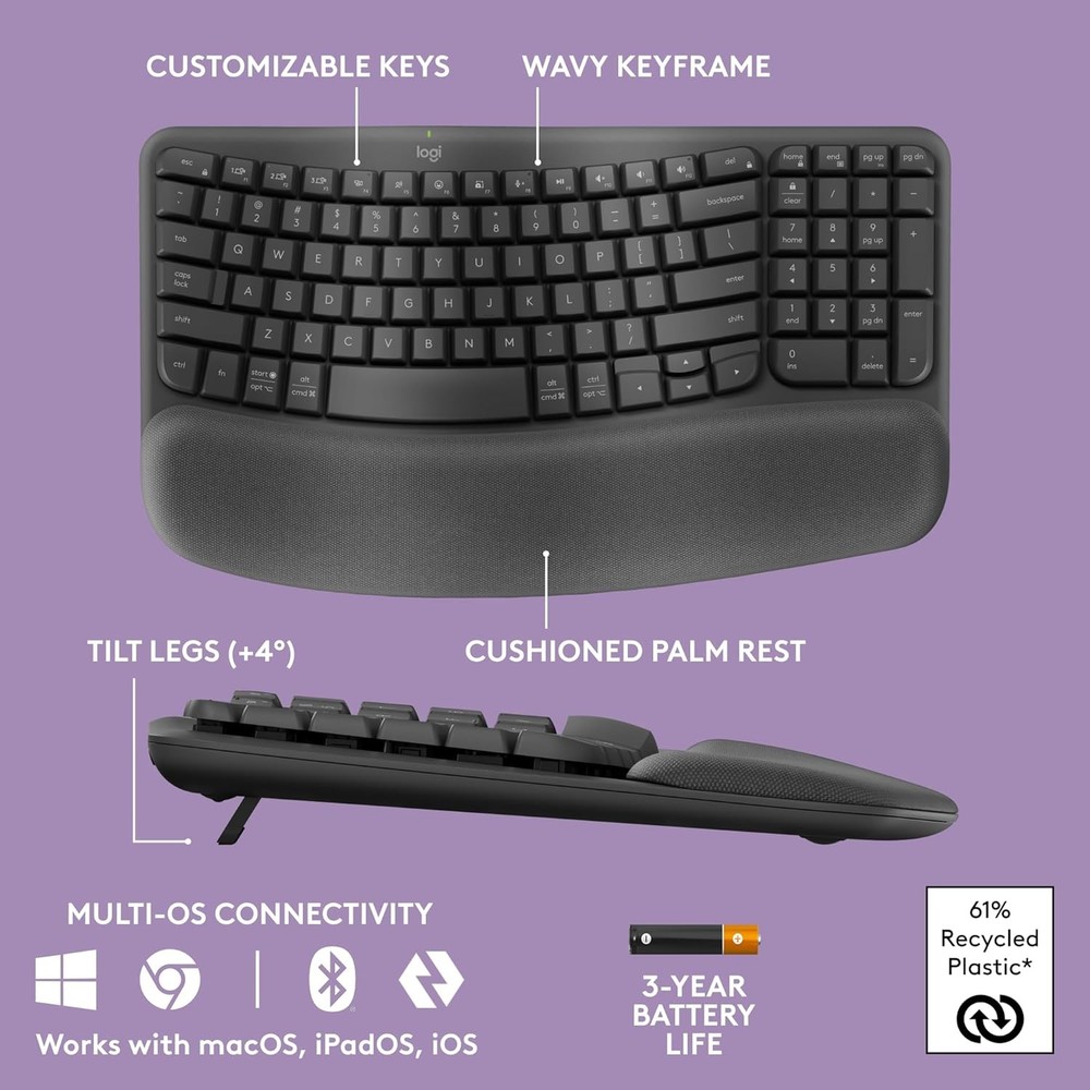 Logitech Wave Keys MK670 Combo Ergonomic Wireless Keyboard and Mouse Bundle