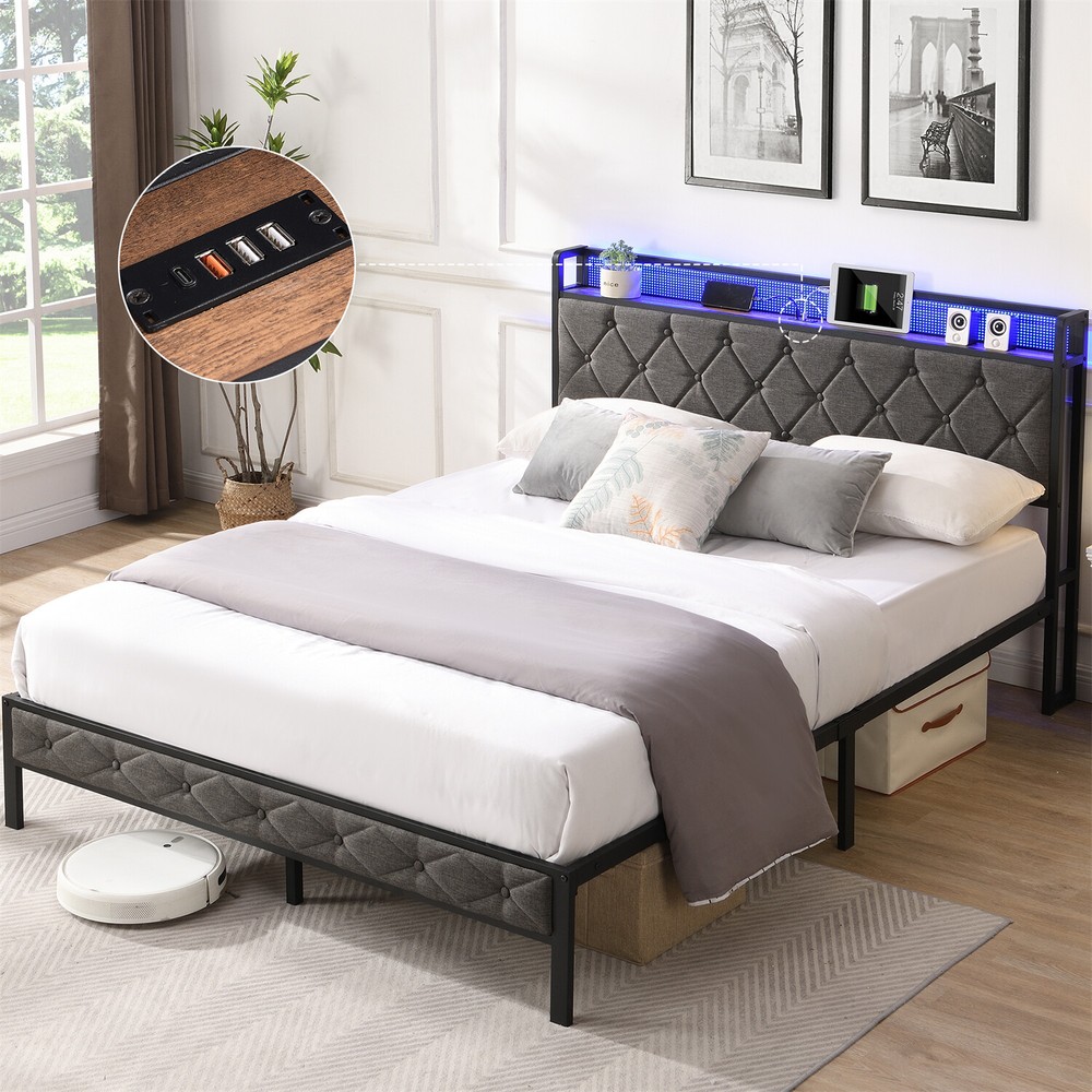 Full Size LED Bed Frame w/ Headboard & USB Port Upholstered Platform Bed Frame