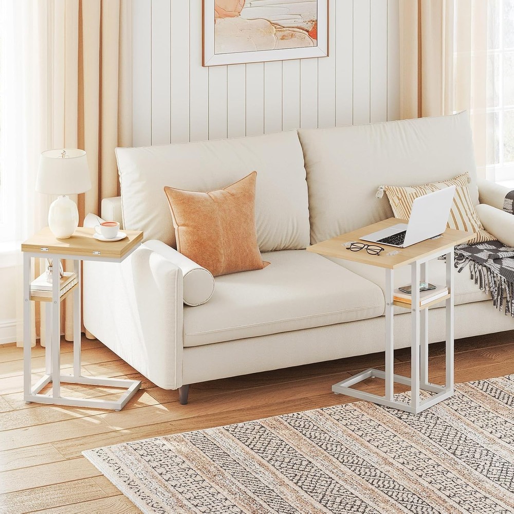 Foldable End Table C Shaped Side Table W/ Storage Shelf Small Snack Table