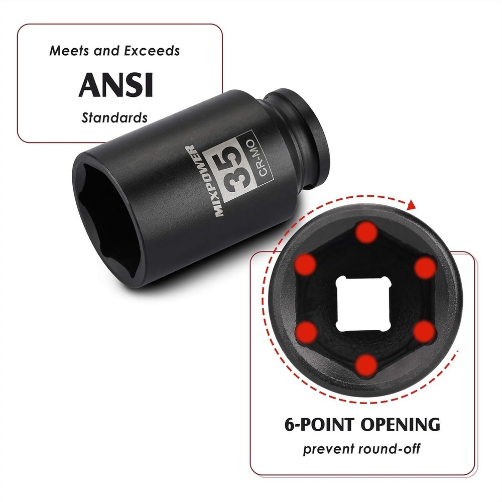 High-Torque 1/2" Drive Deep Impact Socket, 35mm - Engineered for Impact Drivers