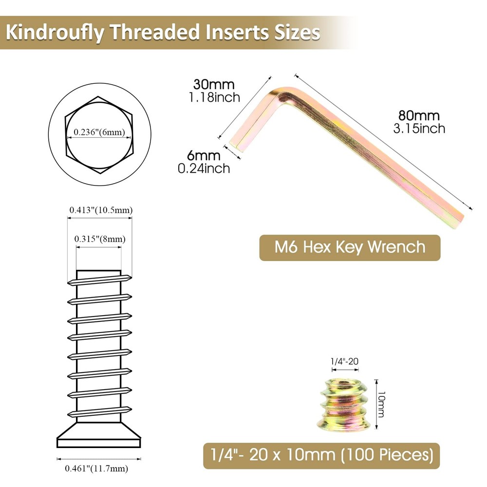 1/4"-20 X 10Mm Threaded Inserts, Nut Inserts, Wood Inserts, Total 101 Pieces