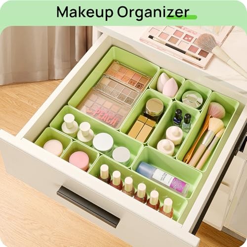 25 PCS Plastic Drawer Organizers Set, 4-Size Versatile Bathroom Light Green