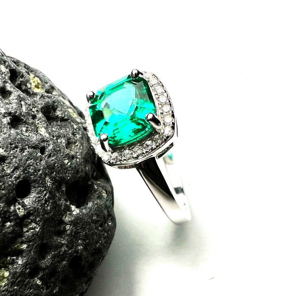 Lab Made Emerald Engagement Ring Solid Sterling Silver 925 , May birthstone