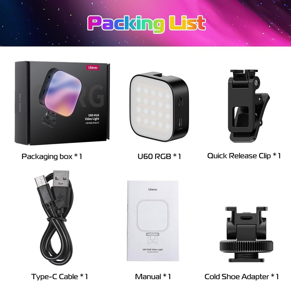 Compact 360° RGB Camera Light with Magnetic Back & Quick Release for Easy Setup