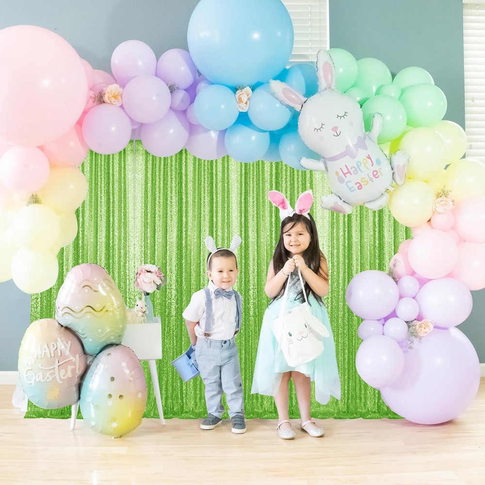 Green Sequin Backdrop Curtains 2 PCS Panels 28ft Total Width Glitter Fabric