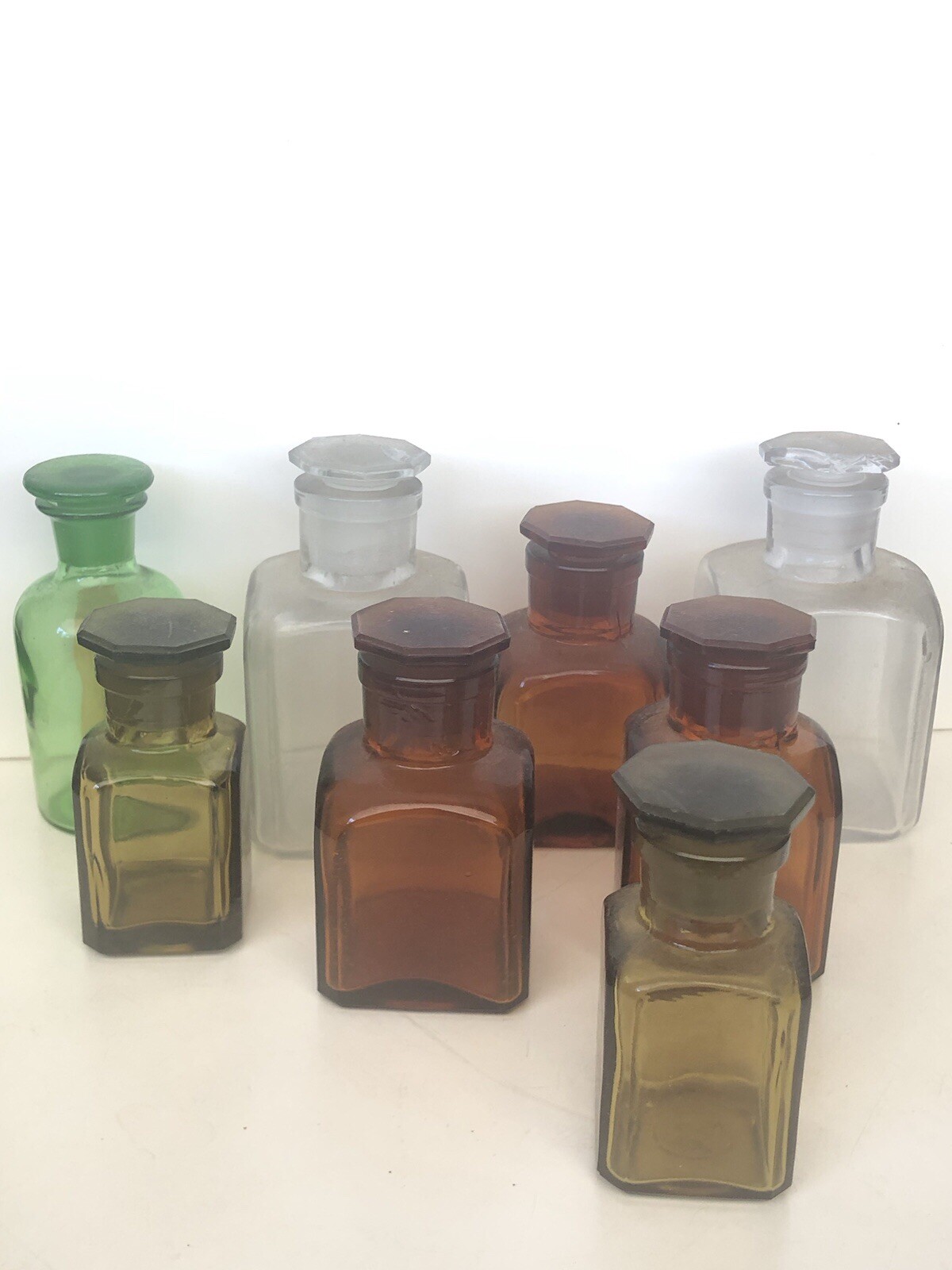 Eight Vintage Glass Reagent Science Chemistry Bottles Laboratory Wide Neck
