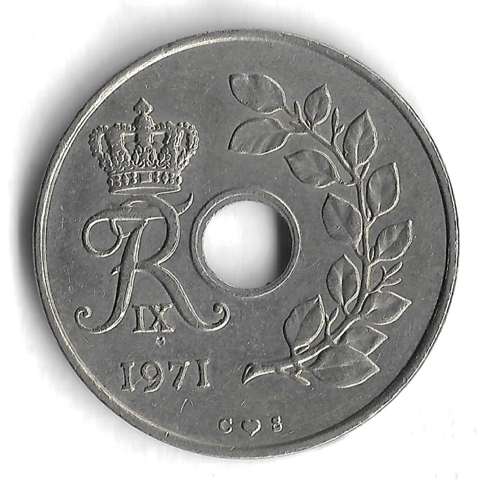 1971 Denmark 25 Ore World Coin - KM# 855