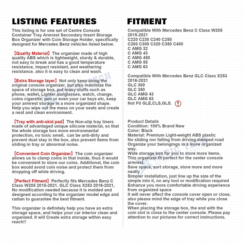 Console Container Tray Secondary Storage Box Insert For Mercedes C GLC Class 15+