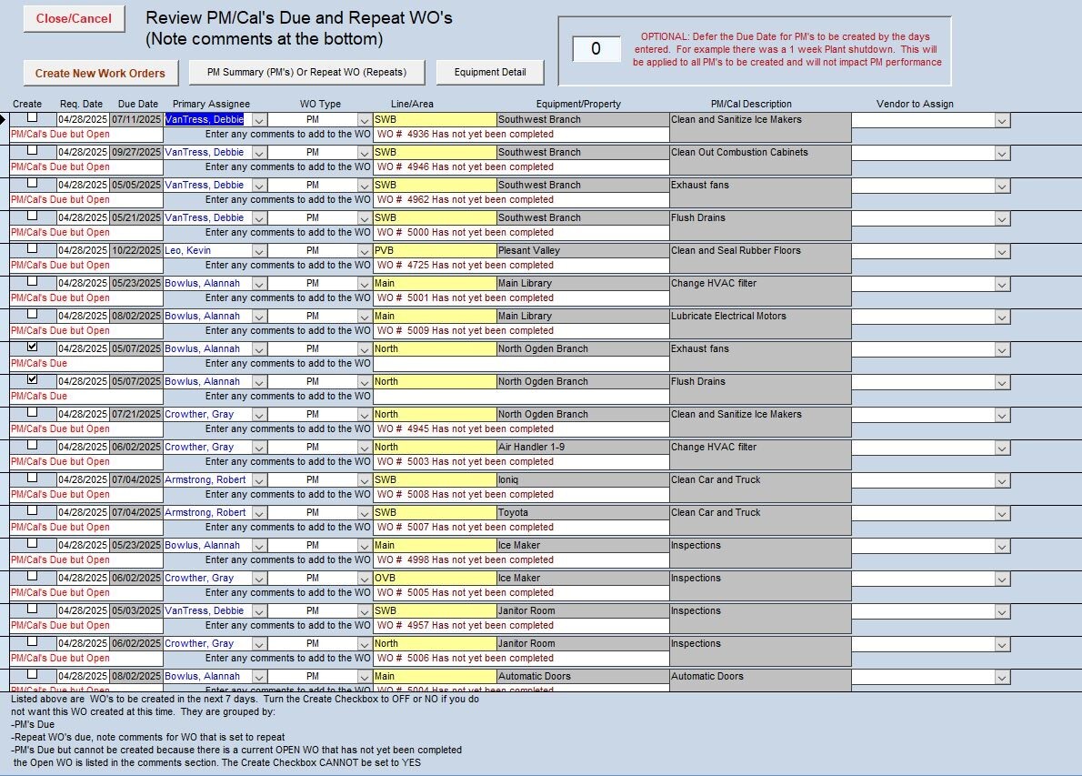 ZUD, MS Access CMMS app for Maintaining Equip, Inventory ,PM/Repair Work Orders