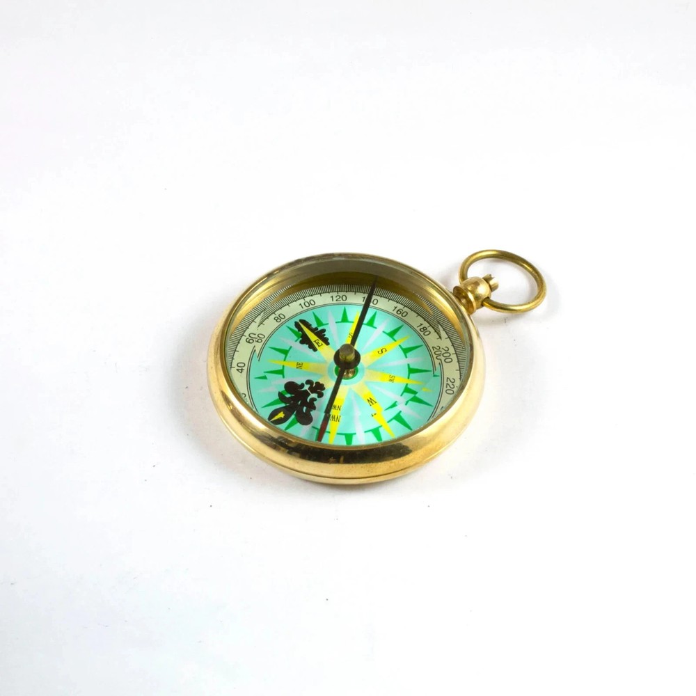 Vintage Brass Pocket Compass with Engraved Message Nautical Decor Leather Case