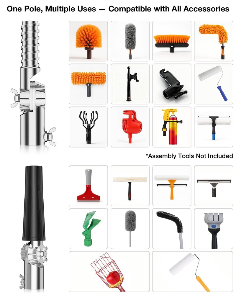 Telescoping Pole, 7-30 Ft with Joint Angle & Squeegee Adaptor, 30 FT, Silver