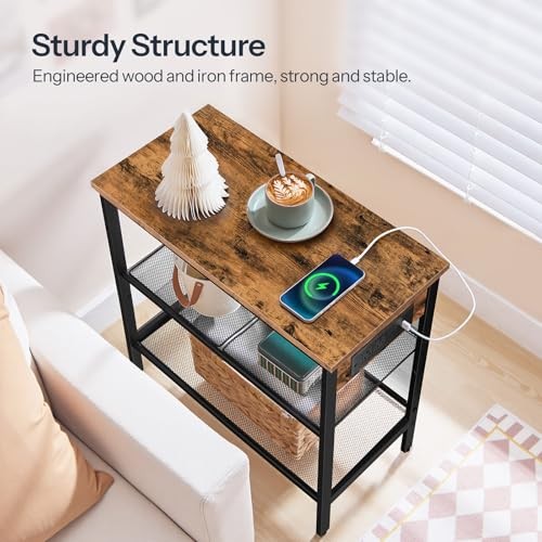 End Table, 3-Tier Narrow Side Table with Charging Rustic Brown + Black