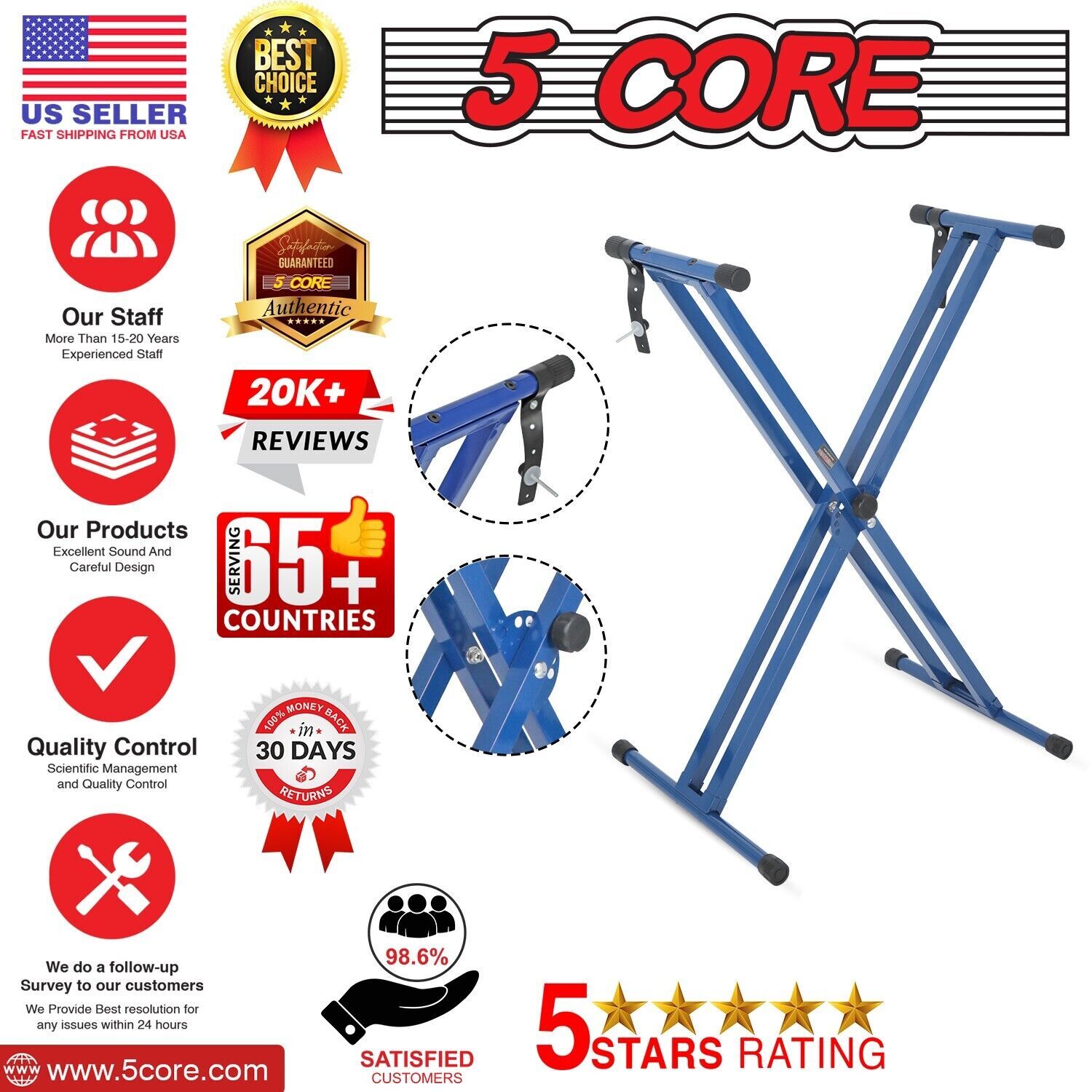 5Core Keyboard Stand Double X Style Adjustable Lift Piano Riser For 49 - 88 Keys