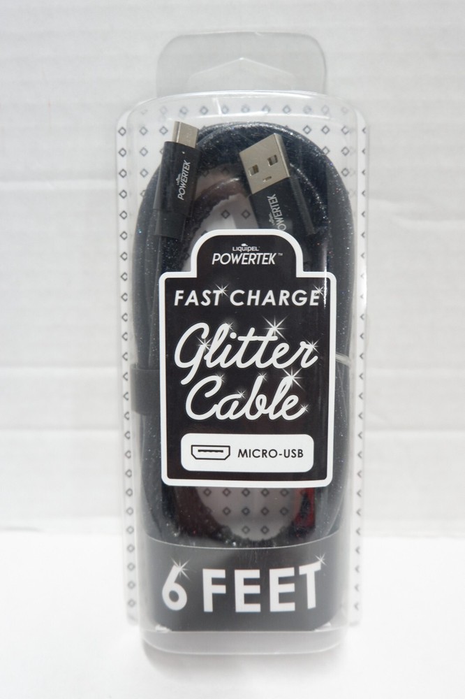 New powertek fast charge Micro-USB 6 foot cable-Black Glitter