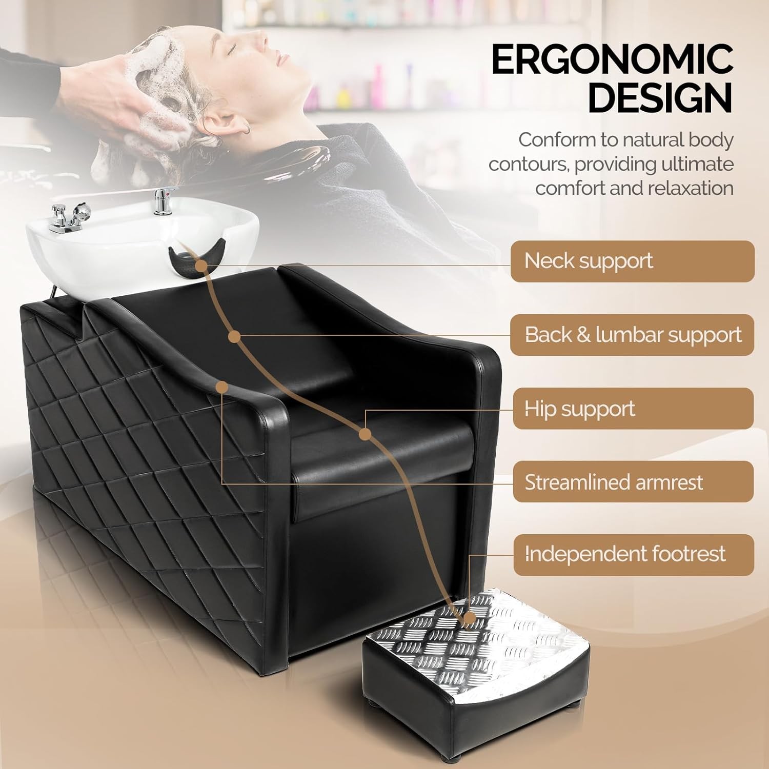 Salon Shampoo Bowl and Chair Set Hair Washing Station with Ceramic Shampoo Sink