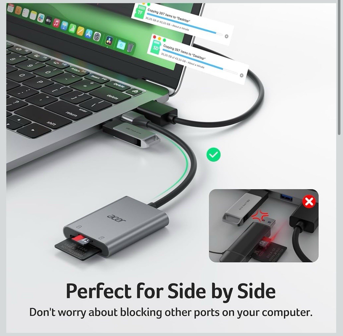 Acer USB A 3.0 to Micro Memory Card Reader, Aluminum Dual Slot SD to USB