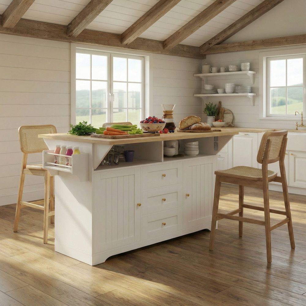 Kitchen Island w/ Power Outlet Wheels, Extendable Dining Table Storage White