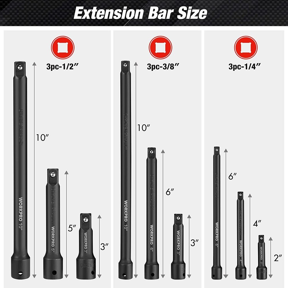 WORKPRO 9PC Impact Socket Driver Extension Bar Set 1/2 1/4" 3/8" Drive Extension