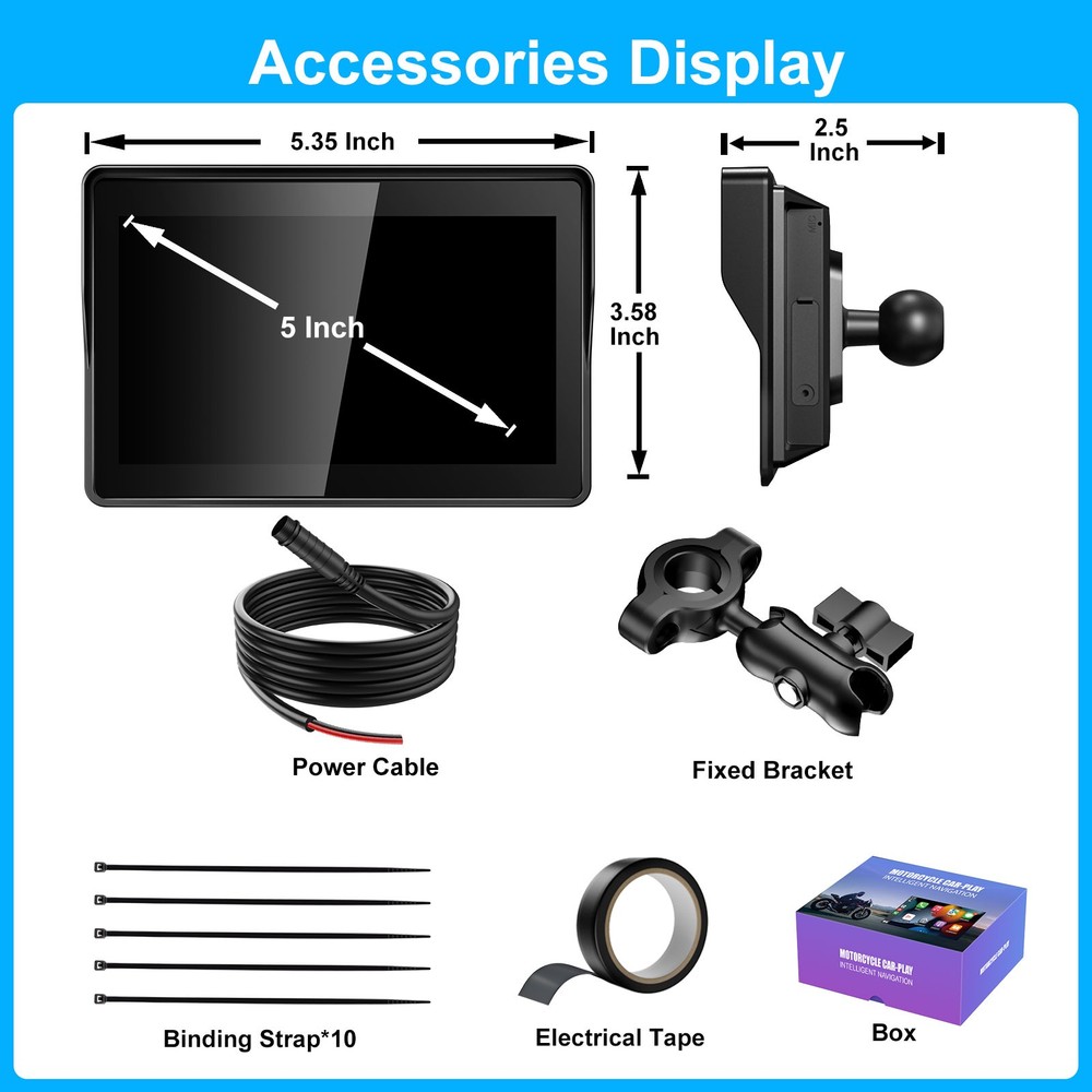 5" Wireless CarPlay Motorcycle GPS Android Auto Touch Screen IP67 Waterproof