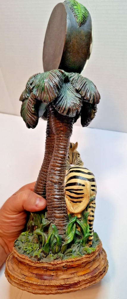Zebra clock resin sculptured under palm trees 15"Ht. Functioning Clock