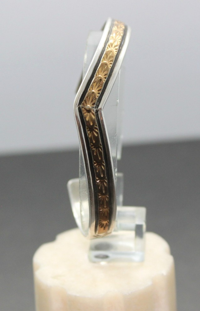 Flying V Sun Stamp Work Cuff in Sterling Silver + Gold Fill Signed L