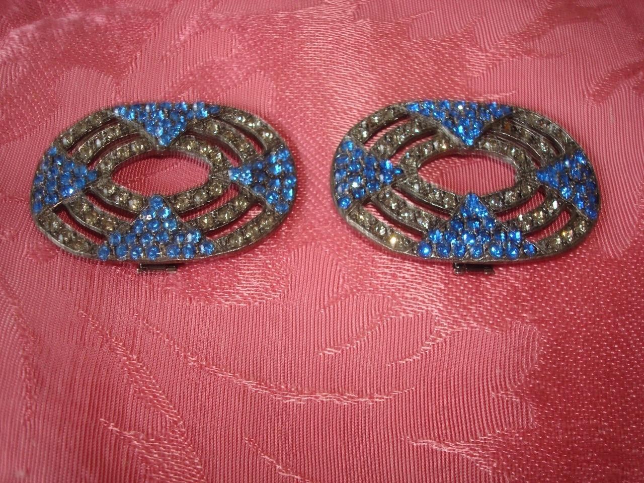 Pair of Art Deco Inspired Shoe Clips Blue Clear Rhinestones Nancy Katz. KJ