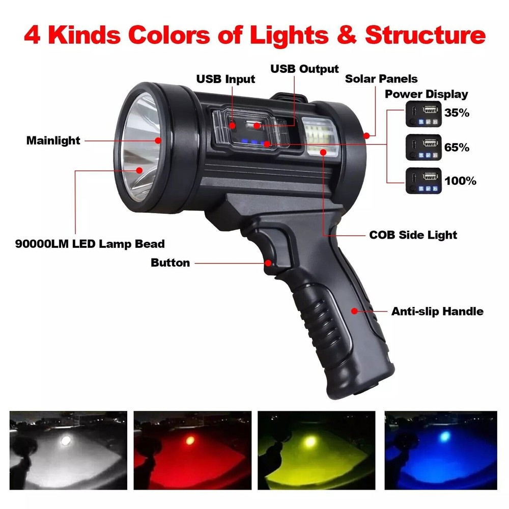 LED Flashlight 200000Lm Super Bright Searchlight Rechargeable Spotlight Handheld