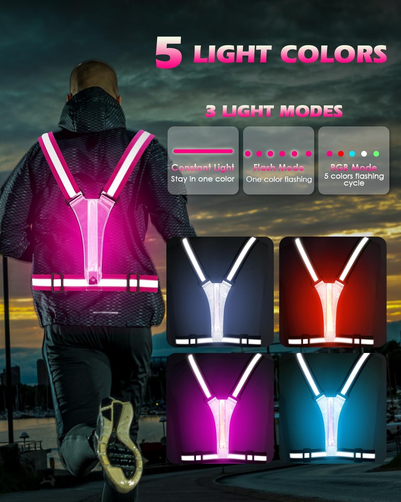 High Visibility Reflective Running Vest 5 Lights Rechargeable Adjustable