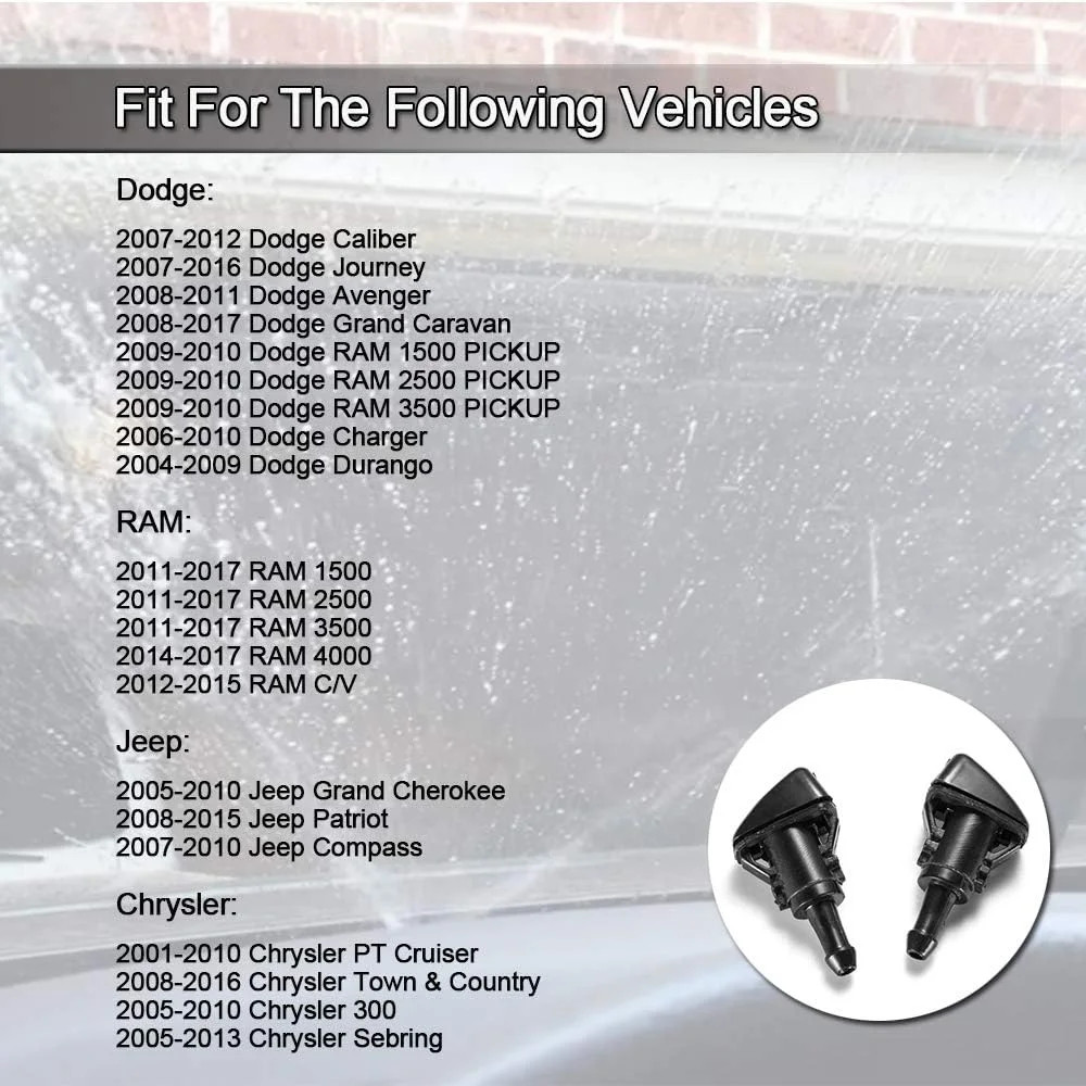 Front Windshield Washer Nozzles Wiper Spray Kit- For: Dodge, Ram, Jeep - Replace