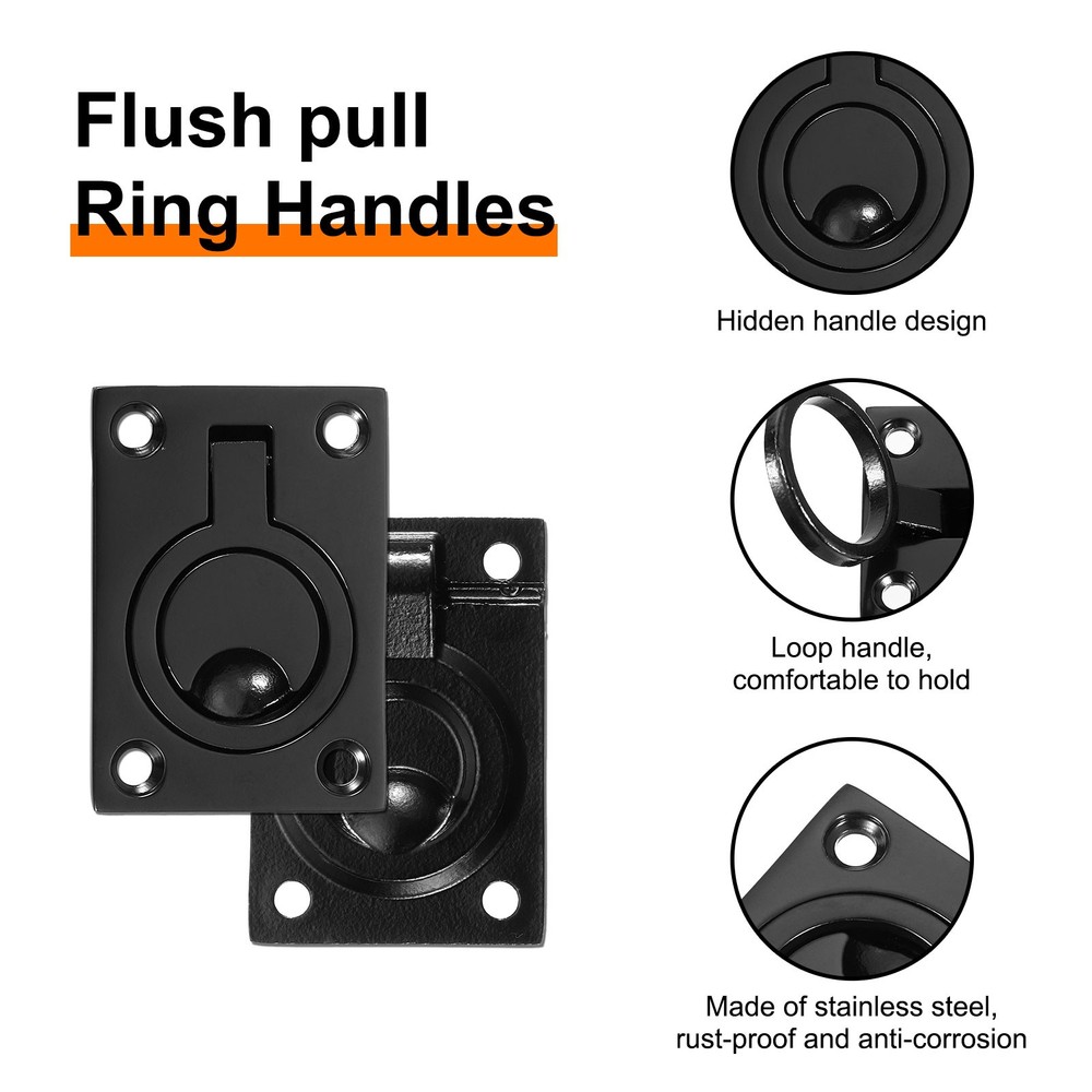 2Pcs Flush Ring Pull 2.48"x1.73" Square Recessed Door Pull with Screws Black