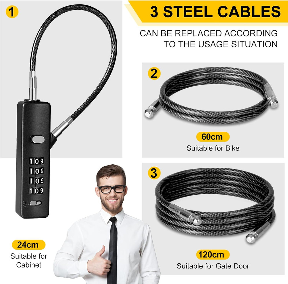 DELSWIN Cable Locks with Combination, 4-Digit Gate Lock with 3 Steel Ropes (9''