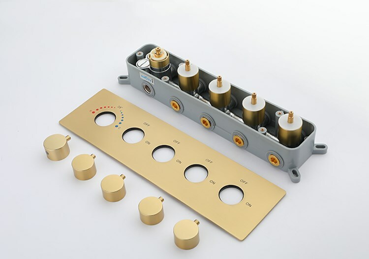 Thermostatic Brass Rectangular Shower System With 3 PCS Body Jets Brushed Gold