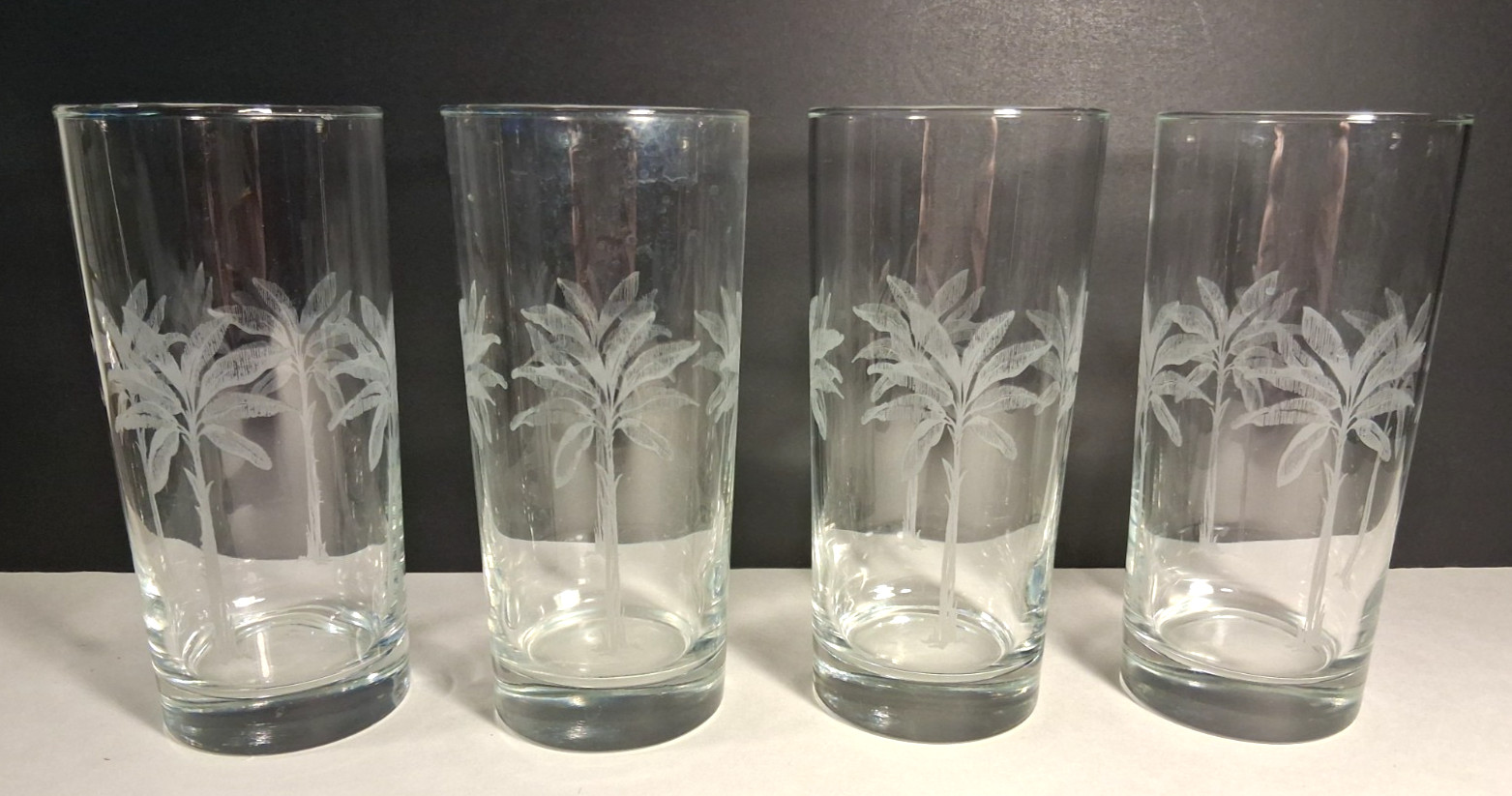 Tropical Beach Theme Glasses Set of 4 Palm Trees Retro 6-1/4" Tall 2 3/4" Dia.