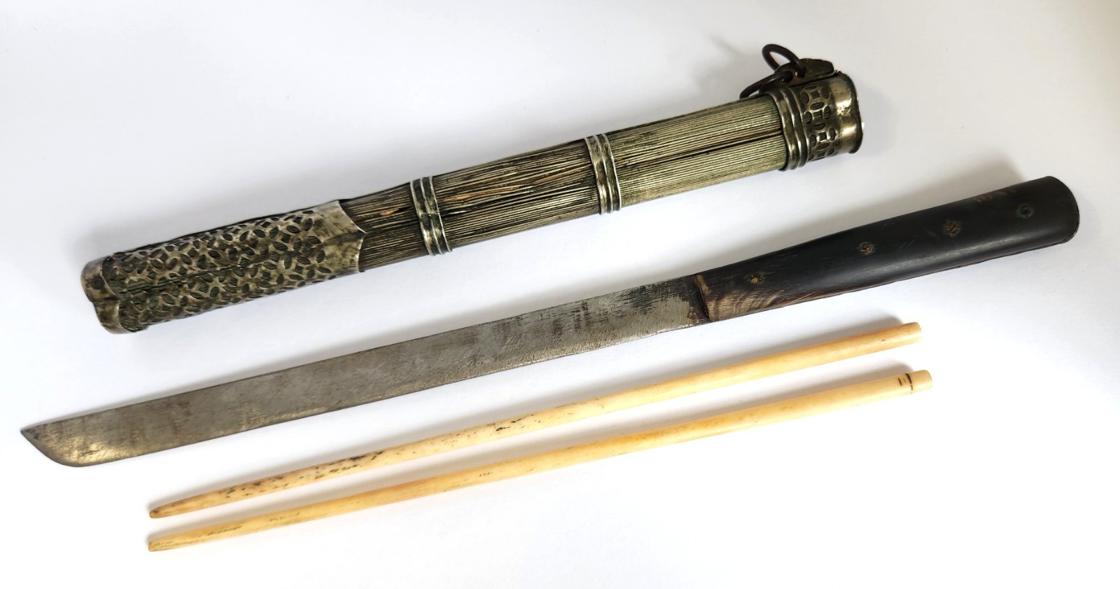 Antique Asian Chinese Knife Bone Chopsticks Traveling Eating Trousse Set