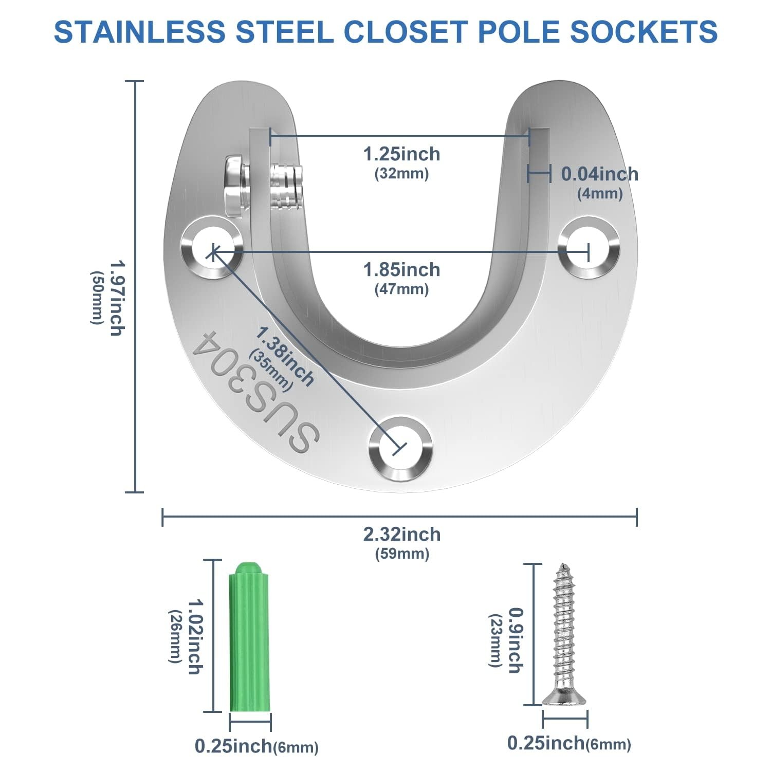 6-Pack Stainless Steel Closet Rod Brackets, U-Shaped Heavy Duty Flange Socket...