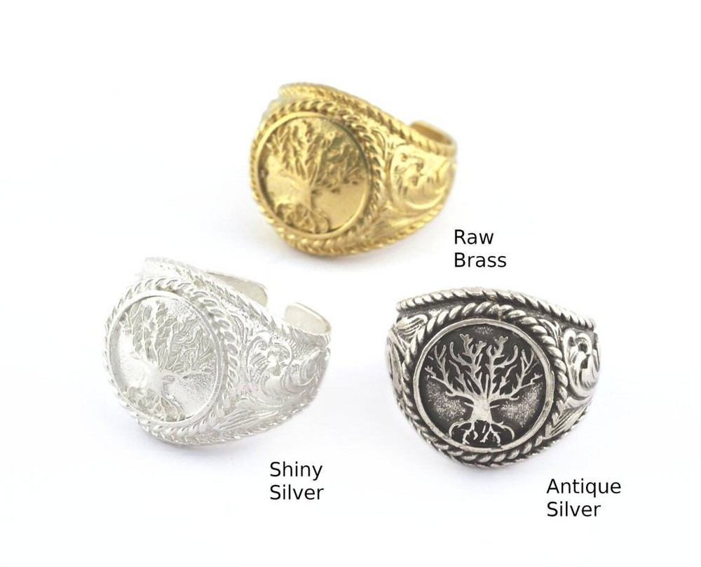 Tree Ring Adjustable Raw Brass,Antique-Shiny Silver, 9-12us size 1009