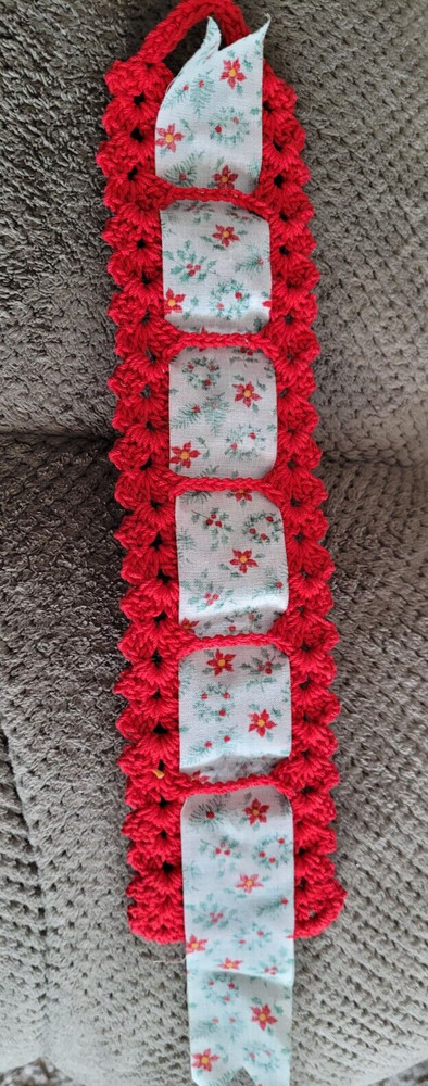 Vintage Macrame Christmas Wall Hanging Red Vertical Bell Pull MCM 70's