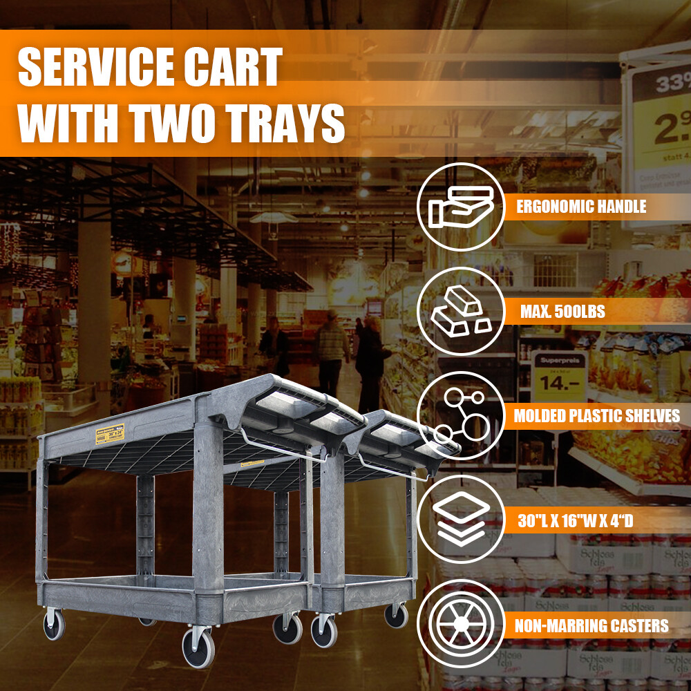 16*30 Inch Polypropylene Service Cart Heavy Duty 500 lbs Tools Organizer Rolling