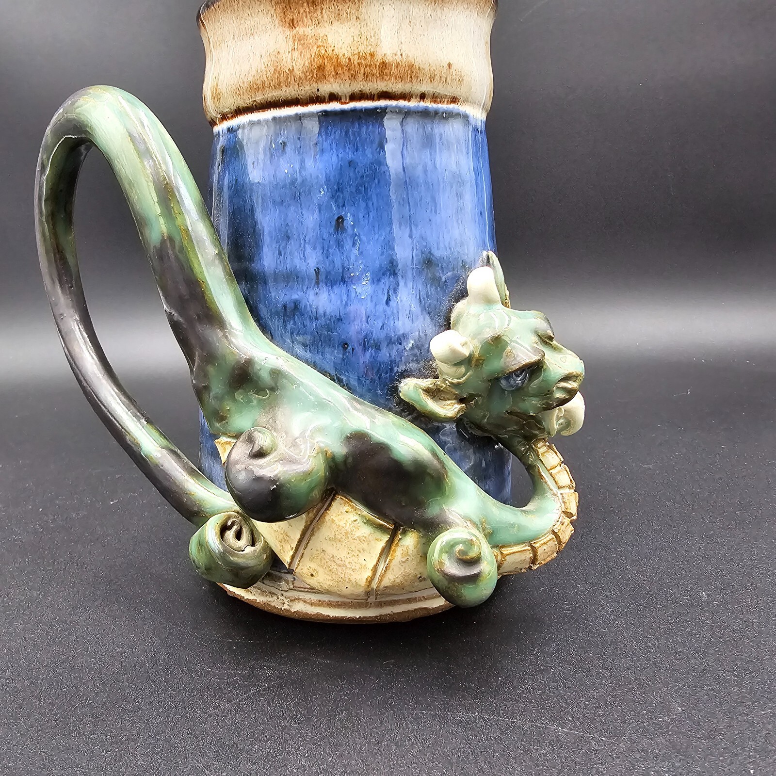 Studio Art Pottery Dragon Mug Stein Cup Large Artist Signed CM HR 7" tall